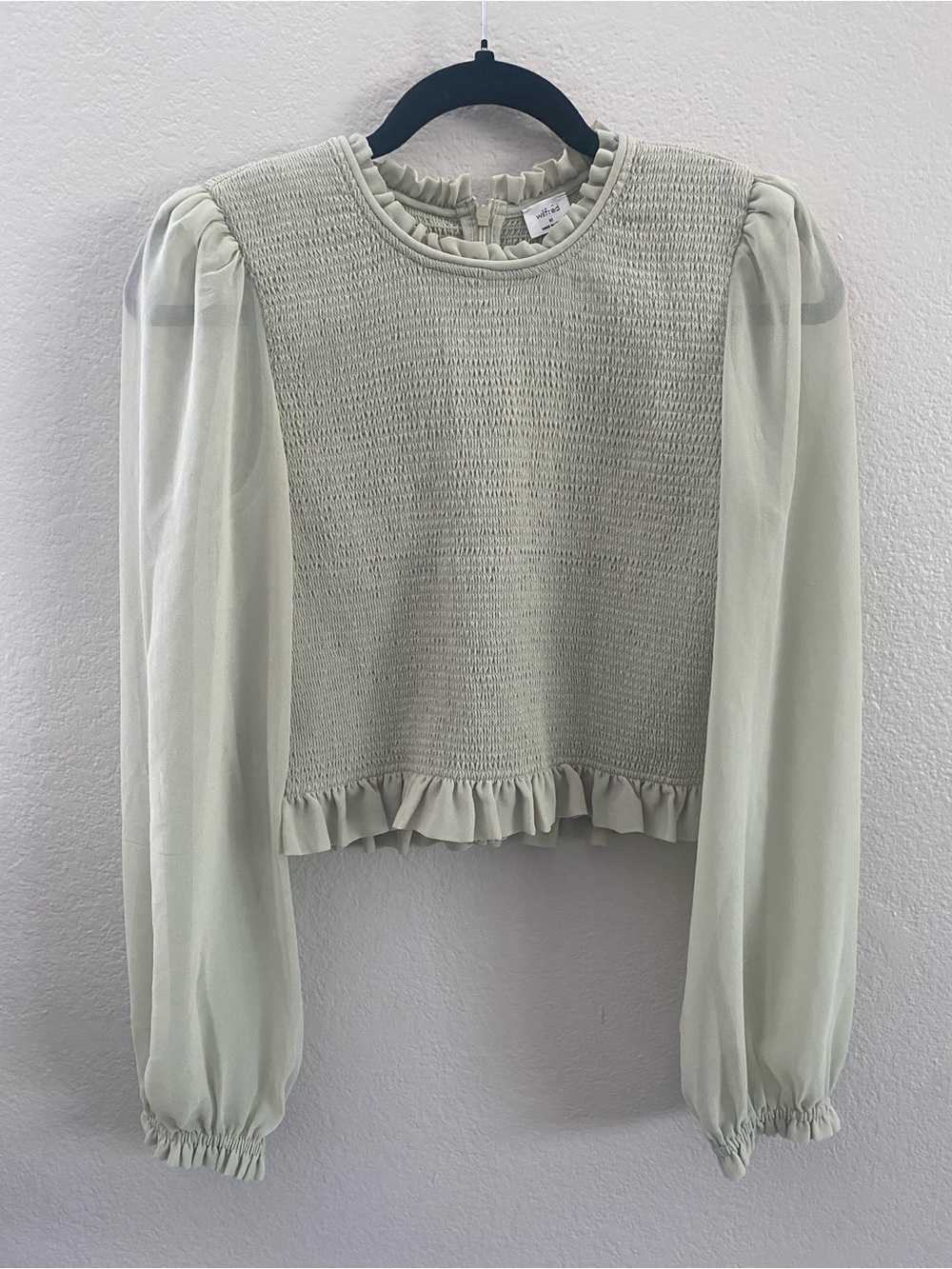 Wilfred Aritzia Smocked Ruffle Long Sleeve Top in Mint Green